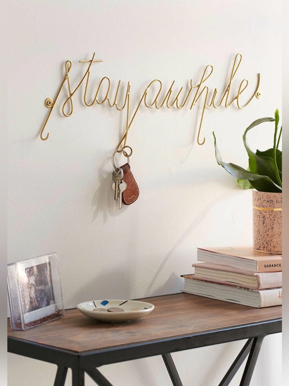 Urban Outfitters Gold "Stay Awhile" Script Wall Key Hook Rack